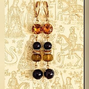Genuine 3.4 Carats Citrine And Natural Garnet  Beads Drop Down Earrings